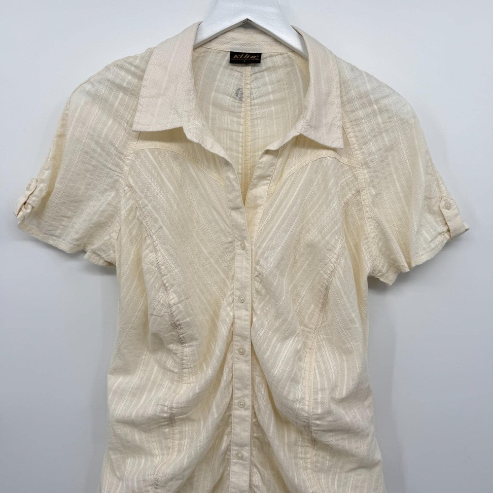 Vintage Kuhl Top Shirt Blouse Size Large Ruched Button Up Quiet Luxury Neutral - Picture 3 of 14